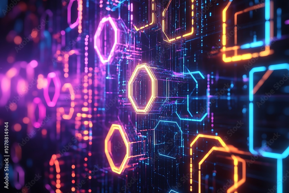 Floating digital hexagons with neon edges Floating digital hexagons with neon edges