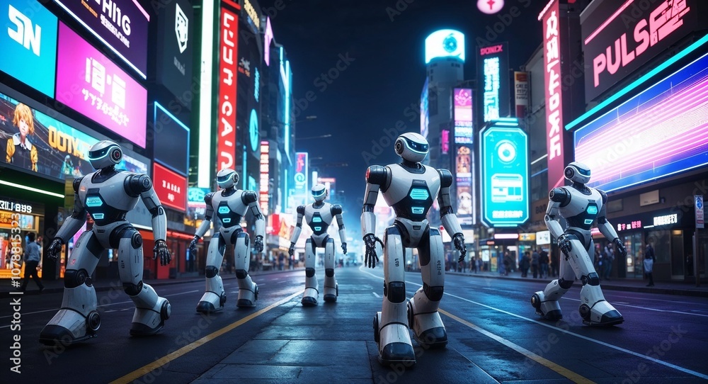 Futuristic anime streets robots walking digital billboards neon pulse