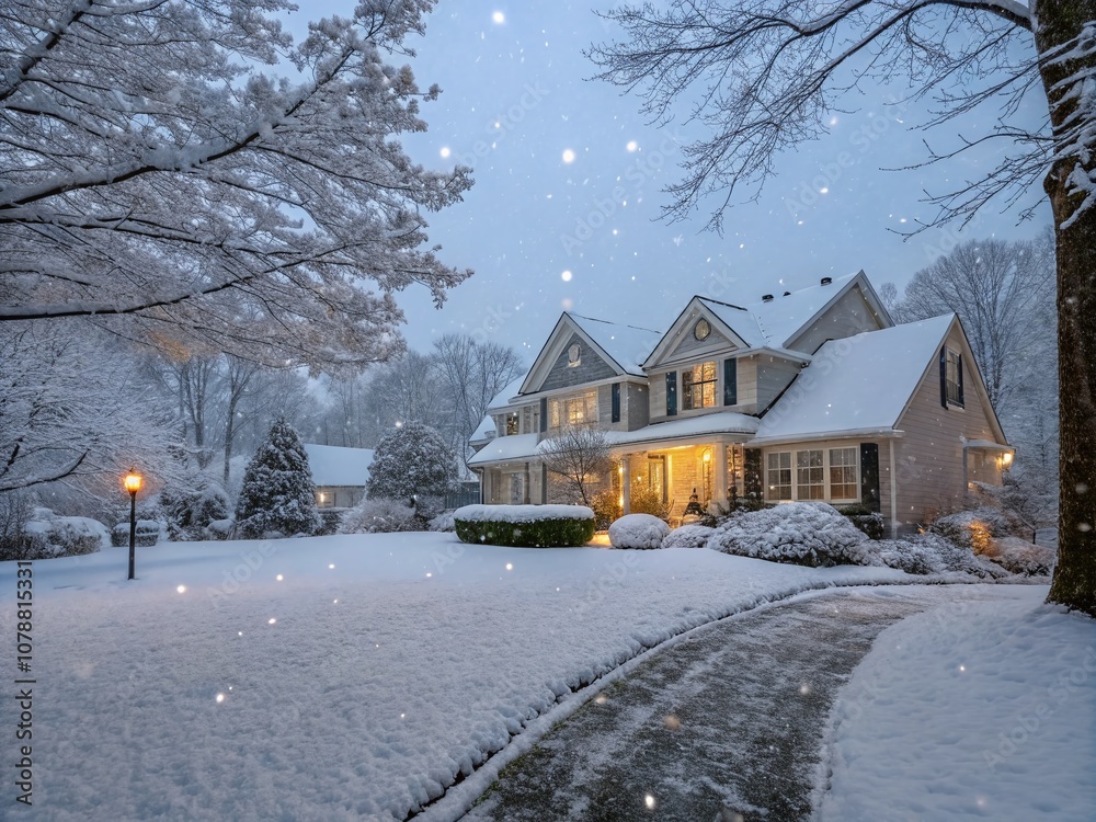 Serene Winter Scene: Snowflakes Gently Falling on a Cozy Suburban Home Surrounded by a Blanketed Lawn in a Picturesque Snowy Landscape Serene Winter Scene: Snowflakes Gently Falling on a Cozy Suburban Home Surrounded by a Blanketed Lawn in a Picturesque Snowy Landscape