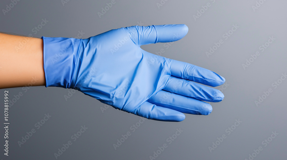 Outstretched hand wearing a blue disposable glove, symbolizing safety, hygiene, and medical or lab environments. Outstretched hand wearing a blue disposable glove, symbolizing safety, hygiene, and medical or lab environments.