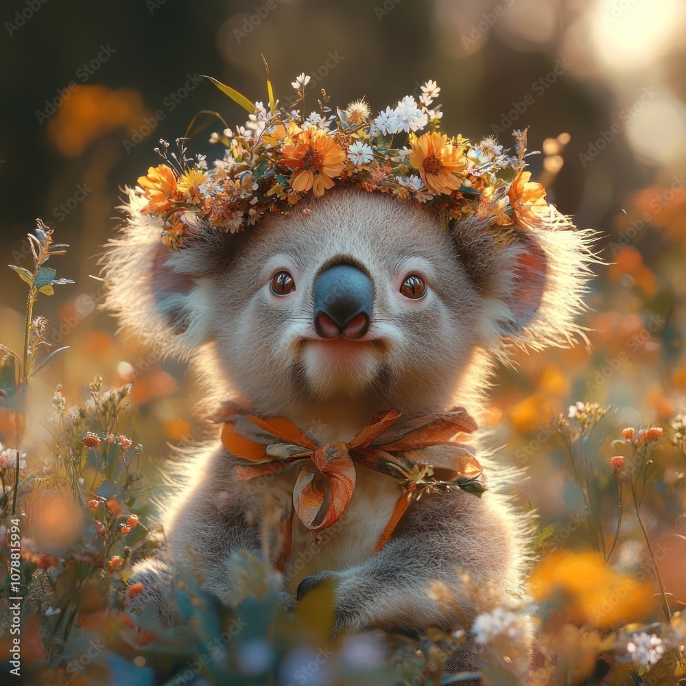 Fototapeta premium A cute koala wearing a flower crown and a bow tie, surrounded by flowers.