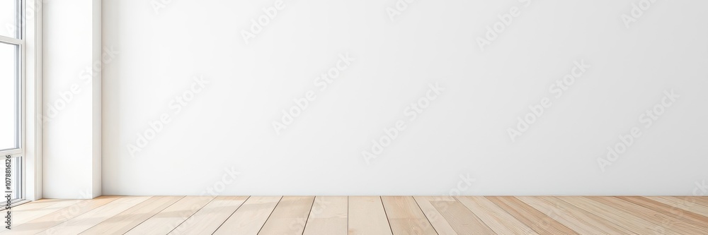 Canvas template with blank space on a wooden table in a minimalistic white room setting, space, room, template Canvas template with blank space on a wooden table in a minimalistic white room setting, space, room, template