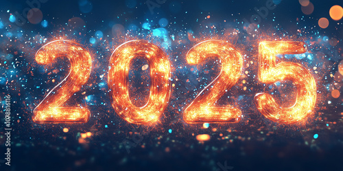 bright New Year illustration. Text "2025" made from electrical element