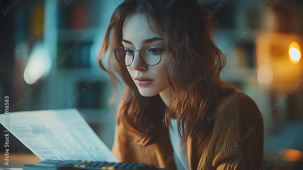 Young woman analyzes financial documents at home Young woman analyzes financial documents at home
