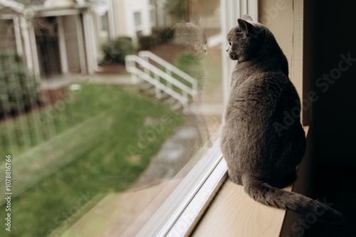 A British gray cat sits on the windowsill and looks for something interesting on the street. photo