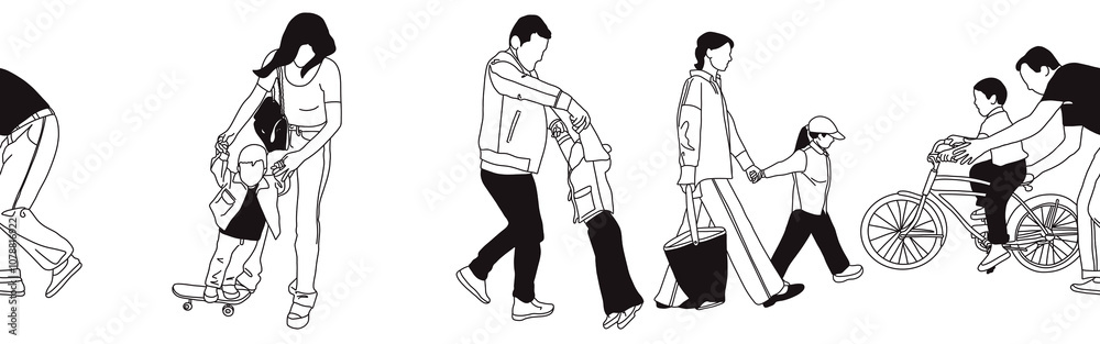 Hand-drawn doodle family border. Outline family clipart. Hand-drawn black art.