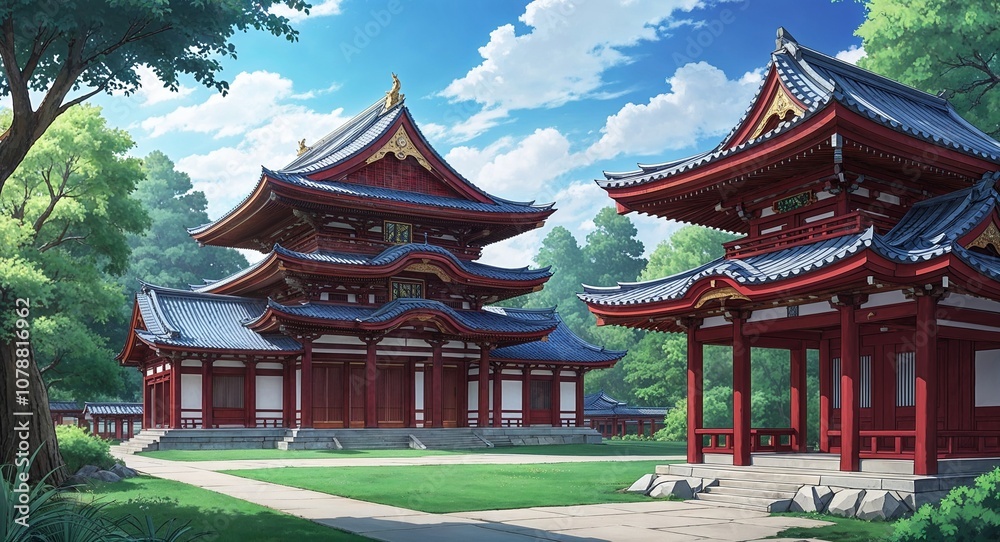 Traditional Japanese anime style peaceful temple scene surrounded by nature Traditional Japanese anime style peaceful temple scene surrounded by nature