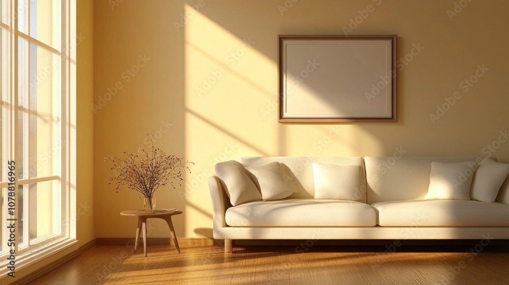 Fototapeta premium Light-filled living room with an empty frame on the wall, a comfortable sofa, and a side table holding dried flowers.