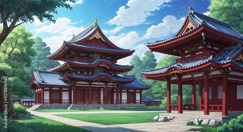 Traditional Japanese anime style peaceful temple scene surrounded by nature