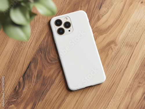 flatlay mockup for white phone case on a walnut background