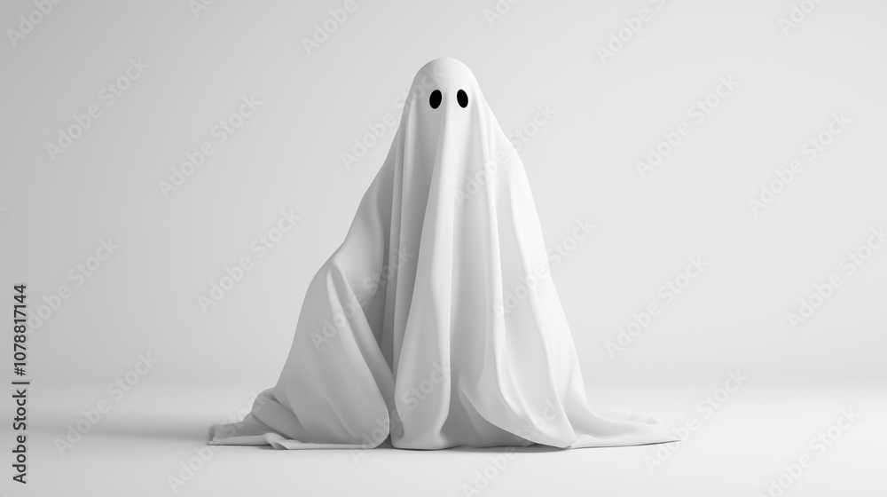 Minimalistic image of a ghost figure draped in a white sheet with dark eye holes, against a plain background. Minimalistic image of a ghost figure draped in a white sheet with dark eye holes, against a plain background.