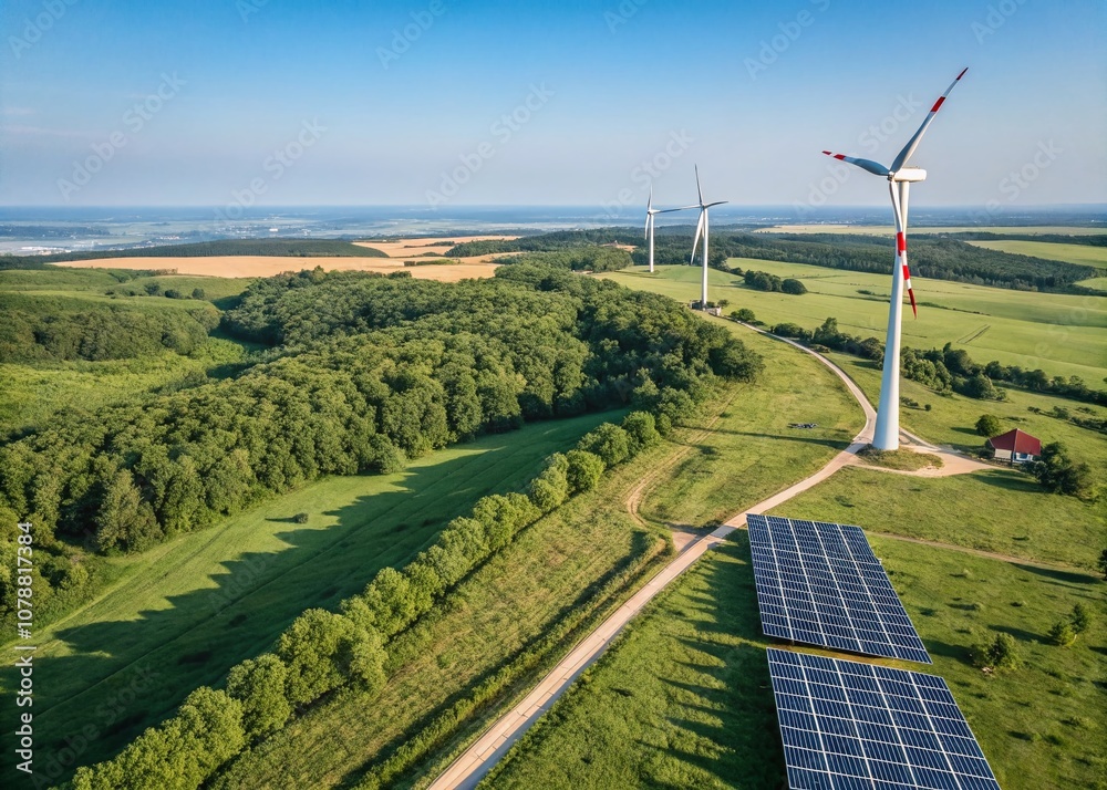 Solar Panels and Wind Turbines Showcased in a Lush Green Landscape Emphasizing Sustainable Innovation for a Greener Future with Expansive Copy Space for Marketing Use Solar Panels and Wind Turbines Showcased in a Lush Green Landscape Emphasizing Sustainable Innovation for a Greener Future with Expansive Copy Space for Marketing Use