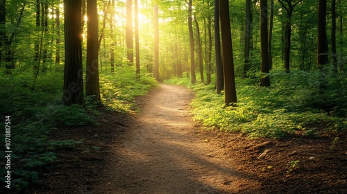 A winding path through a lush green forest with sunlight streaming through the trees.