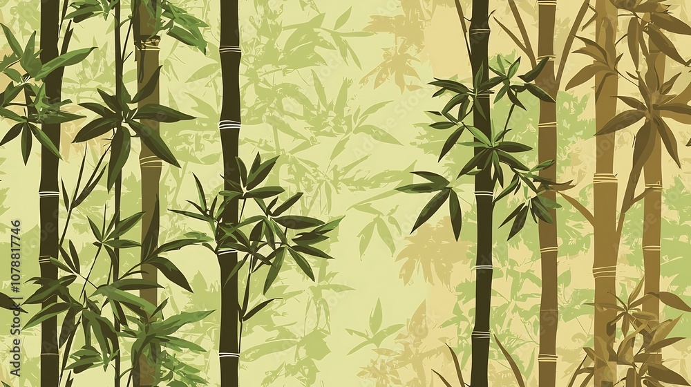 Seamless Thai Background with Bamboo and Floral Motifs in Muted Greens and Browns Seamless Thai Background with Bamboo and Floral Motifs in Muted Greens and Browns