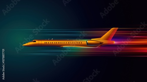 The sleek jet glides effortlessly in mid-air, showcasing modern luxury with its vibrant color scheme and clean lines photo