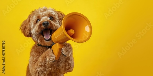 Funny cute dog with megaphone on yellow background with copy space. Announcement, rush, discount, sales concept. photo
