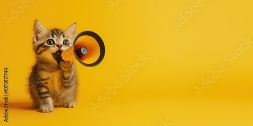 Funny cute kitten with megaphone on yellow background with copy space. Announcement concept, rush, discounts, sales. photo