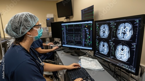 A medical professional analyzes MRI scans on dual monitors in a clinical setting, showcasing advanced technology in healthcare.