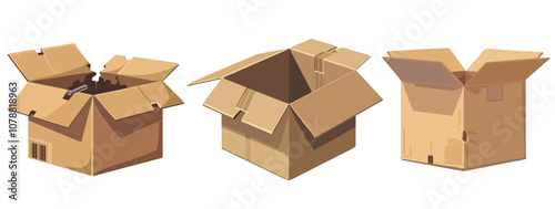 Set of Opened cardboard Broken Damaged delivery box. Vector ripped cargo parcel package Box.transportation amaged goods and shipping errors box