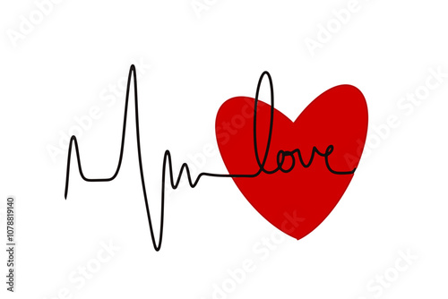 Hand-drawn vector illustration of a heartbeat line with the word "Love" integrated into the rhythm and a heart-shaped balloon