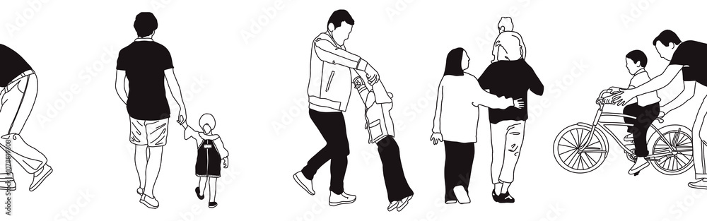 Hand-drawn doodle family border. Outline family clipart. Hand-drawn black art. Hand-drawn doodle family border. Outline family clipart. Hand-drawn black art.