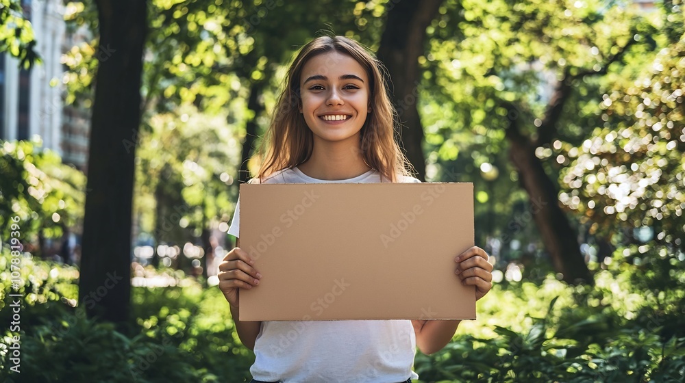 Cheerful Young Woman Holding Blank Cardboard Sign in City Park with Positive Announcement Message Cheerful Young Woman Holding Blank Cardboard Sign in City Park with Positive Announcement Message