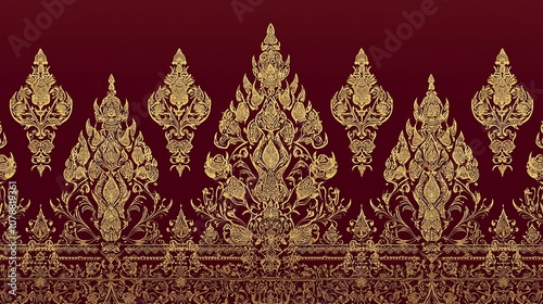 Traditional Thai Kranok Pattern in Soft Gold on Rich Burgundy Background photo