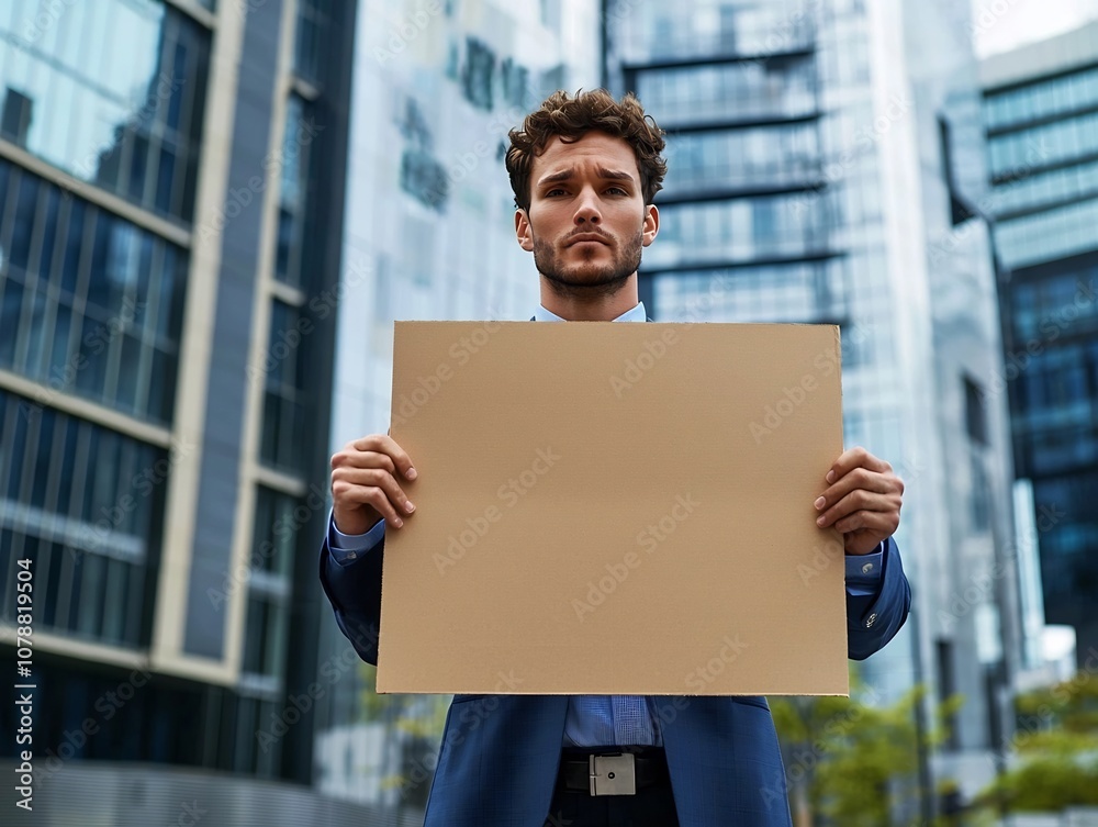 Confident Businessman in Formal Suit Holding Blank Cardboard Sign Against Modern Office Building Confident Businessman in Formal Suit Holding Blank Cardboard Sign Against Modern Office Building
