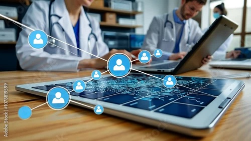 Two healthcare professionals in lab coats are focused on analyzing patient data on a tablet and laptop in a bright, modern medical office