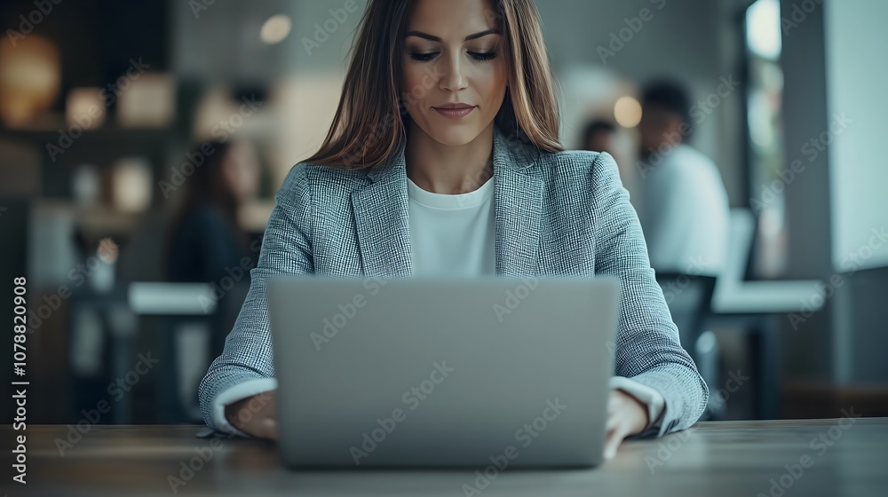 Modern home office scene featuring a focused individual in a comfortable chair,utilizing laptop an web camera for remote hiring success,accompanied by natural lighting ,potted plant decor,and spacious