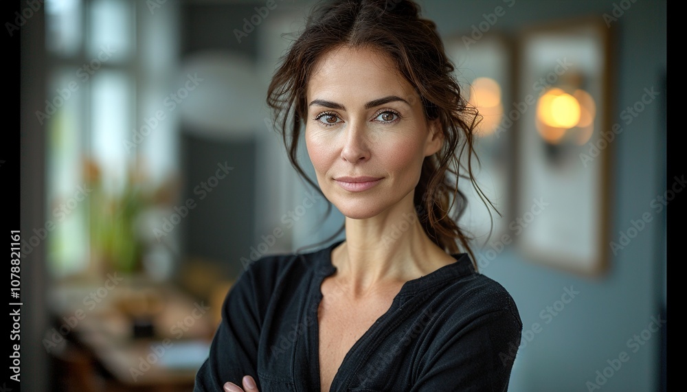 a confident Latin middle-aged businesswoman stands in her office with her arms crossed a confident Latin middle-aged businesswoman stands in her office with her arms crossed