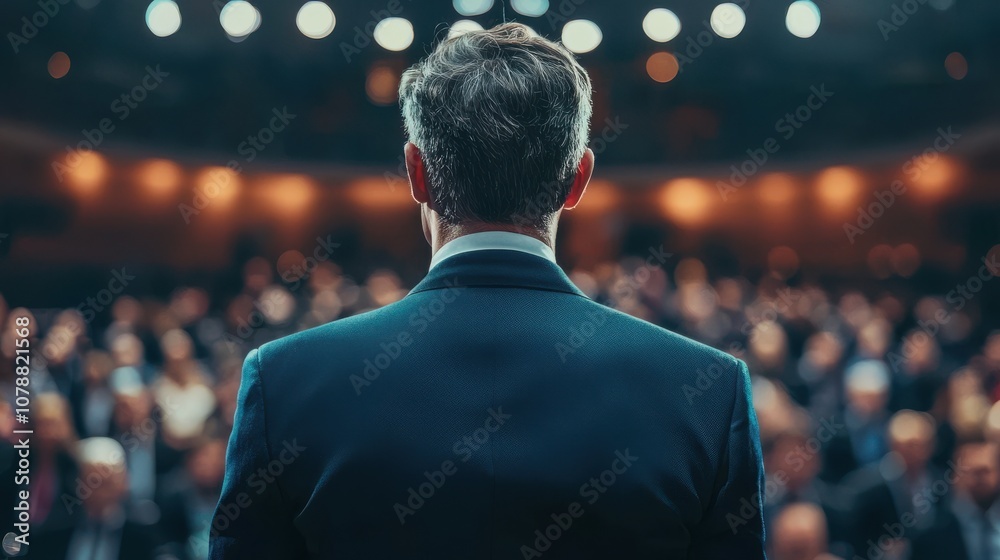 Confident Leader Addressing Large Audience at Business Conference Confident Leader Addressing Large Audience at Business Conference