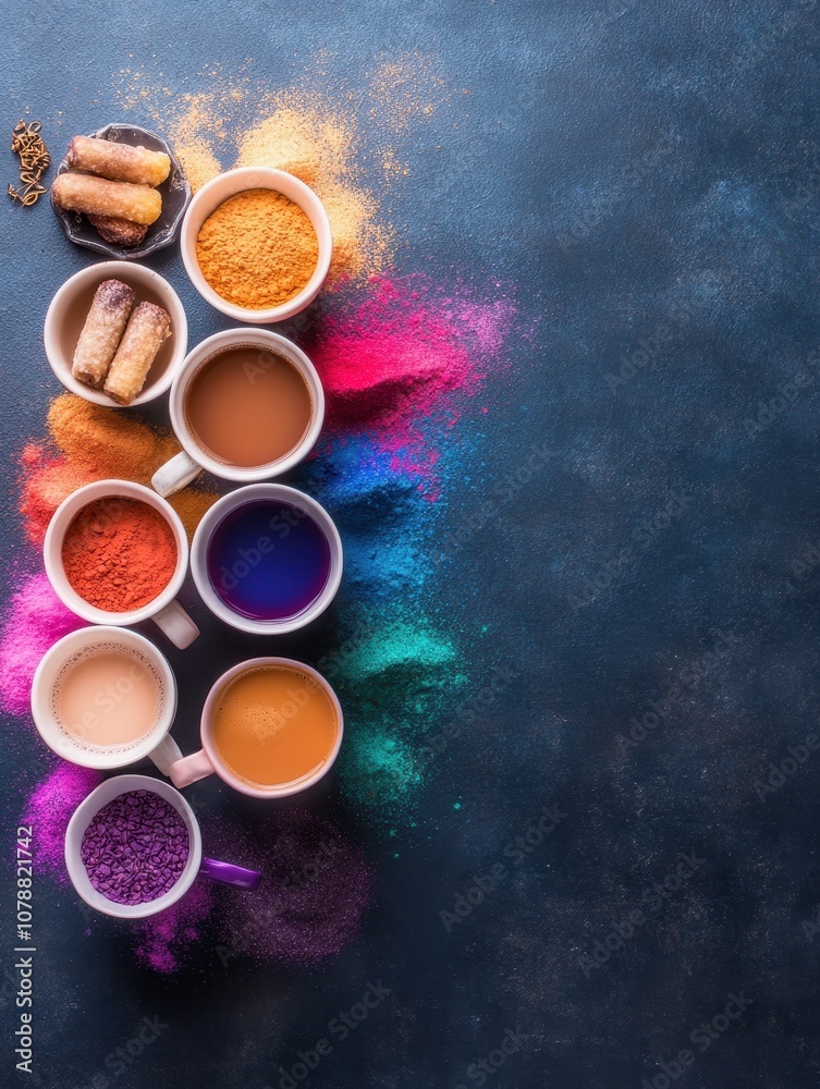 A Colorful Medley of Chai Cups Surrounded by Vibrant Spices, Perfect for a Traditional Indian Tea Time Setting A Colorful Medley of Chai Cups Surrounded by Vibrant Spices, Perfect for a Traditional Indian Tea Time Setting