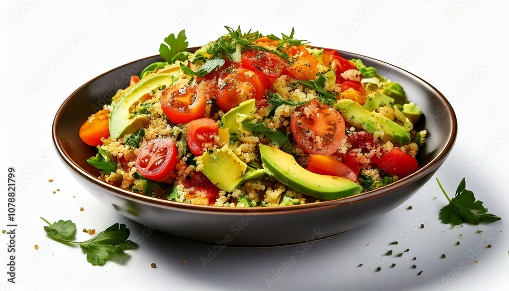 Freigestellter Quinoa-Salat mit Avocado und Tomaten – Gesundes Food-Motiv für Diäten Freigestellter Quinoa-Salat mit Avocado und Tomaten – Gesundes Food-Motiv für Diäten