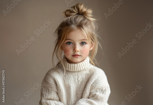 A young girl with blonde hair and blue eyes is wearing a white sweater and has her hair in a bun