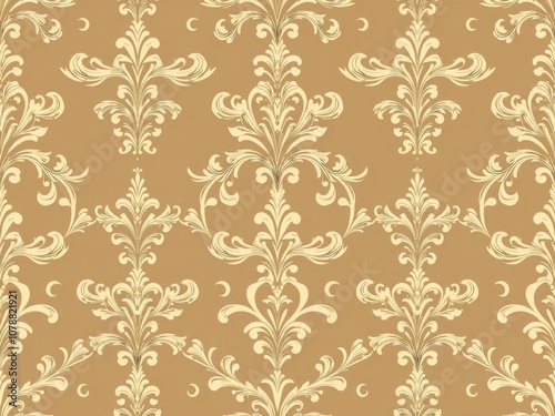 Elegant and classic Seamless Damask wallpaper design in gold and white colors, classic, luxury, home