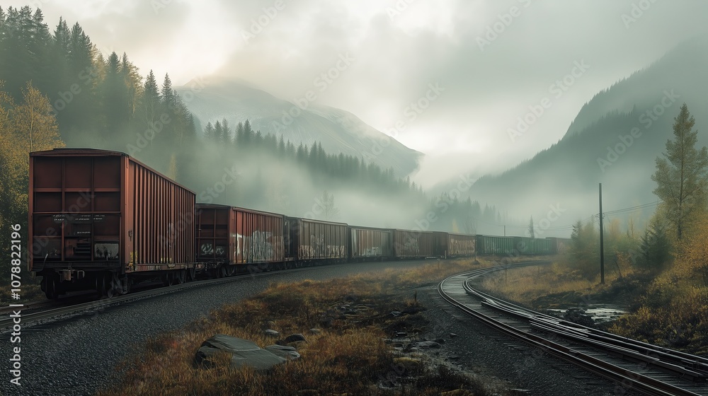 Fototapeta premium Railroad freight train carrying a variety of cargo materials
