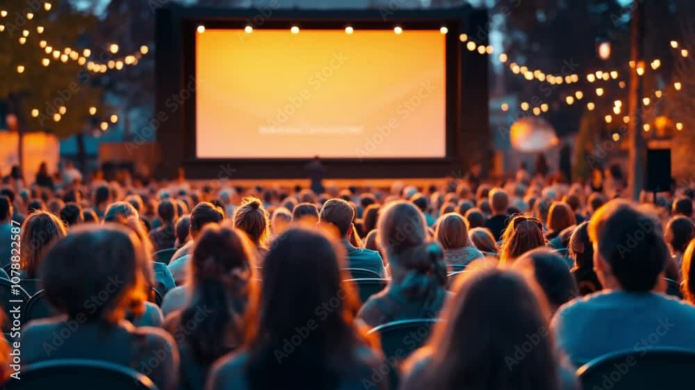 outdoor cinema screening with audience and glowing screen at dusk. entertainment event with crowd. outdoor cinema screening with audience and glowing screen at dusk. entertainment event with crowd.