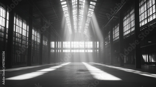 Sunlight streams through the windows of an empty industrial warehouse.