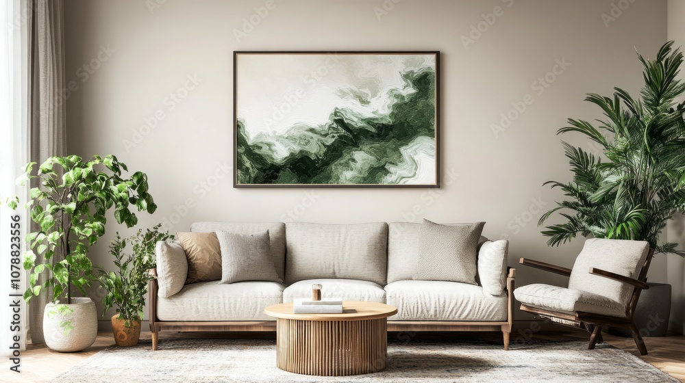 Fototapeta premium Poster frame mockup, large wooden picture with white background, 