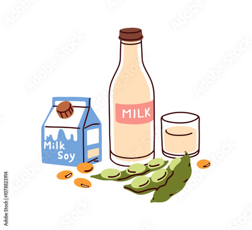 Soy milk products. Vegan plant-based drink. Soymilk in bottle and carton, beans composition. Healthy lactose and dairy free produce from soybeans. Flat vector illustration isolated on white background