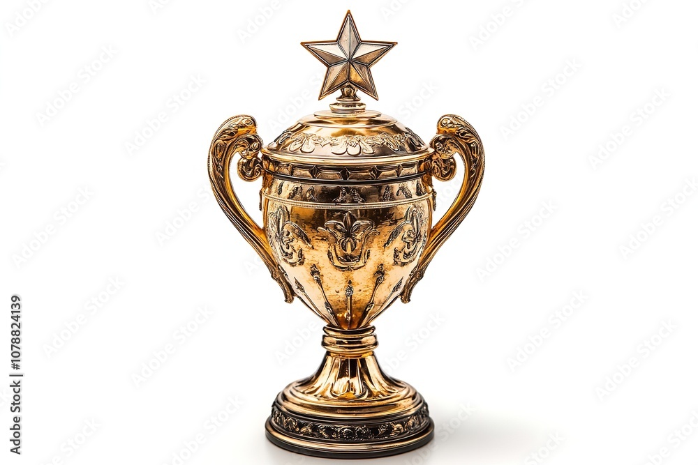 Isolated on a white backdrop is a golden trophy with a star on top. Generative Ai Isolated on a white backdrop is a golden trophy with a star on top. Generative Ai