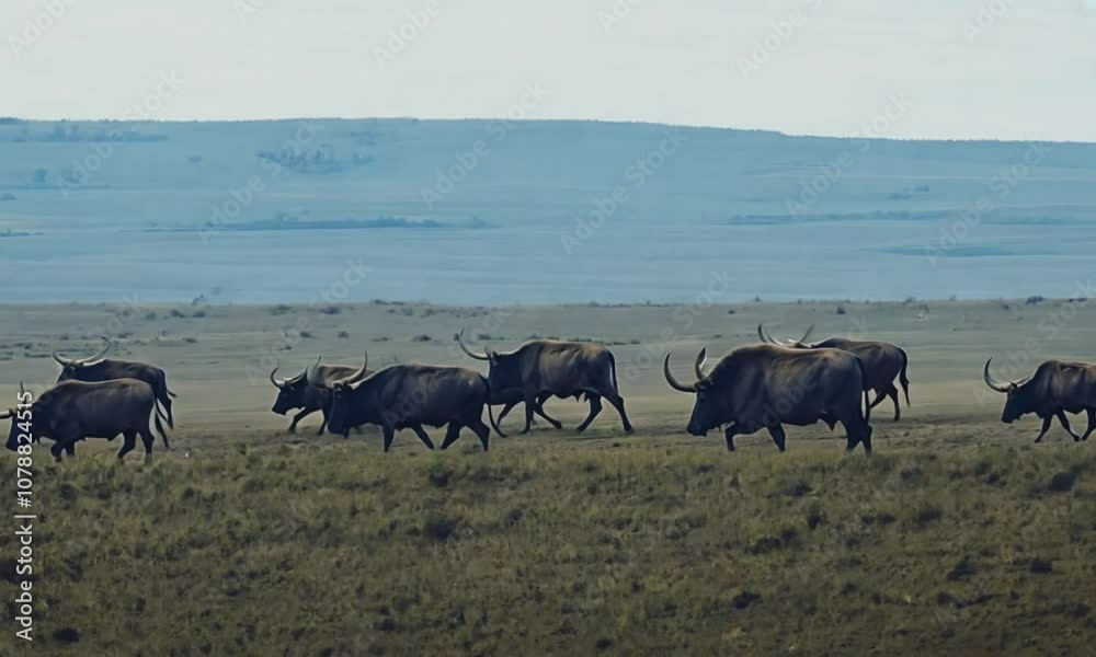A herd of wild buffalo grazing on the African savanna. A herd of wild buffalo grazing on the African savanna.