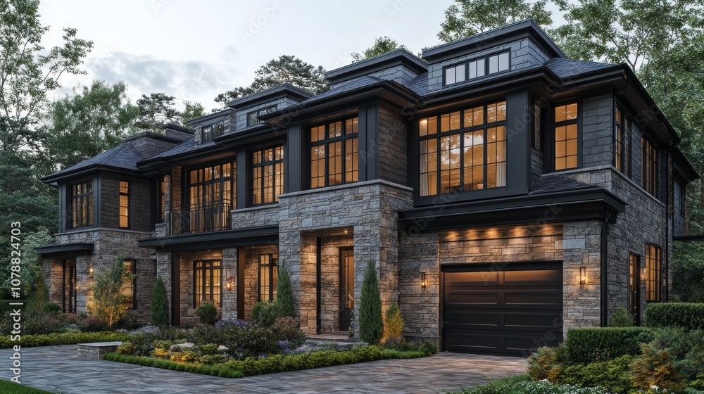 Modern stone house with large windows and landscaped garden. Modern stone house with large windows and landscaped garden.