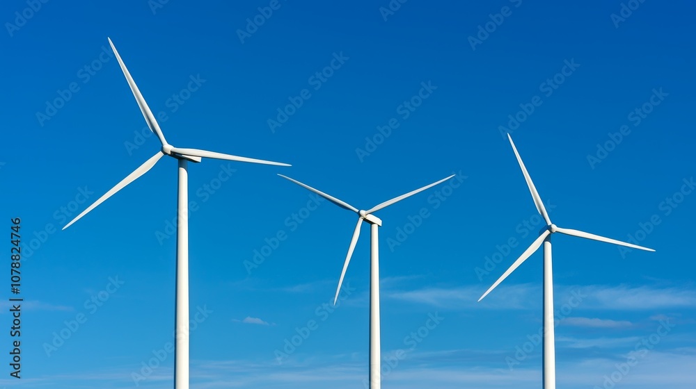 Three wind turbines stand against a clear blue sky, symbolizing renewable energy and sustainability. Three wind turbines stand against a clear blue sky, symbolizing renewable energy and sustainability.