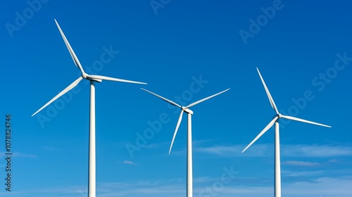 Three wind turbines stand against a clear blue sky, symbolizing renewable energy and sustainability.