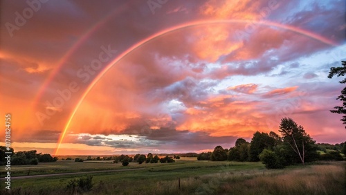 abstract colorful watercolor painting of a rainbow stretching across the sky at sunset, peaceful ambiance, calming scenery, vibrant hues