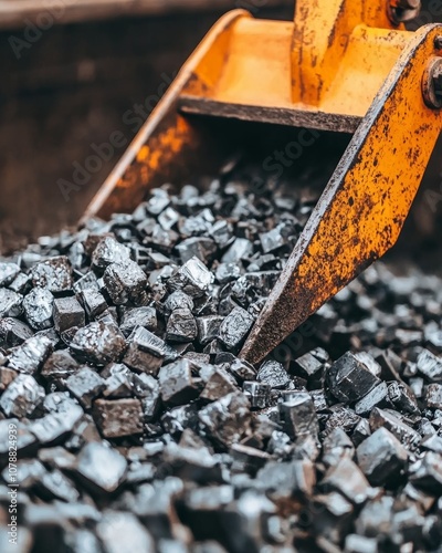 A close-up of a scoop loaded with shiny black coal cubes, showcasing industrial machinery and raw materials in a mining operation. photo