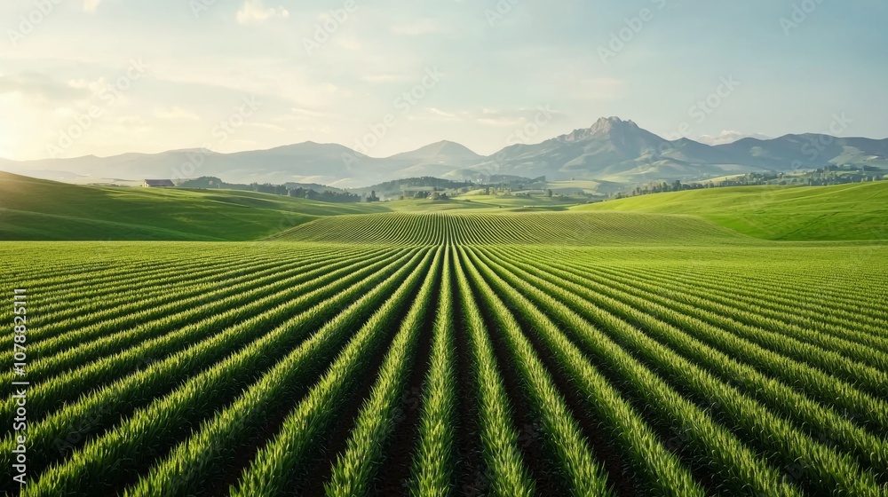 A picturesque landscape features lush green fields with evenly spaced rows stretching toward distant mountains under a clear sky. A picturesque landscape features lush green fields with evenly spaced rows stretching toward distant mountains under a clear sky.