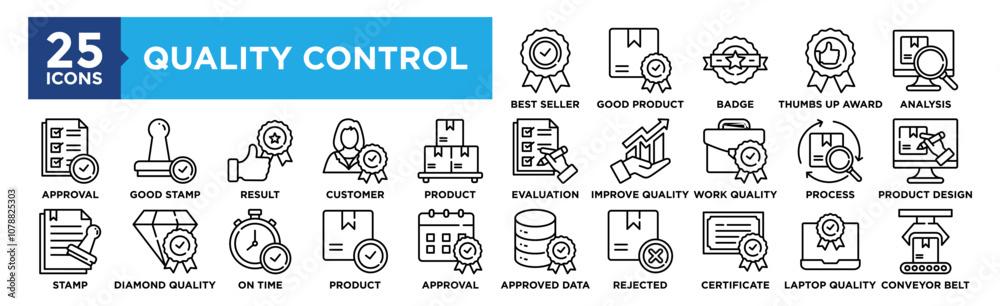 Fototapeta premium Quality Control icon collection set. Containing design, Best Seller, Good Product, Certified Badge, Thumbs Up Award, Analysis